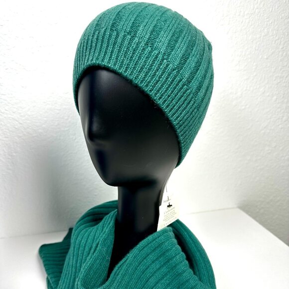 Talbots 100% Cashmere Rib Knit Beanie & Scarf Set – Green, NWT - Picture 1 of 2